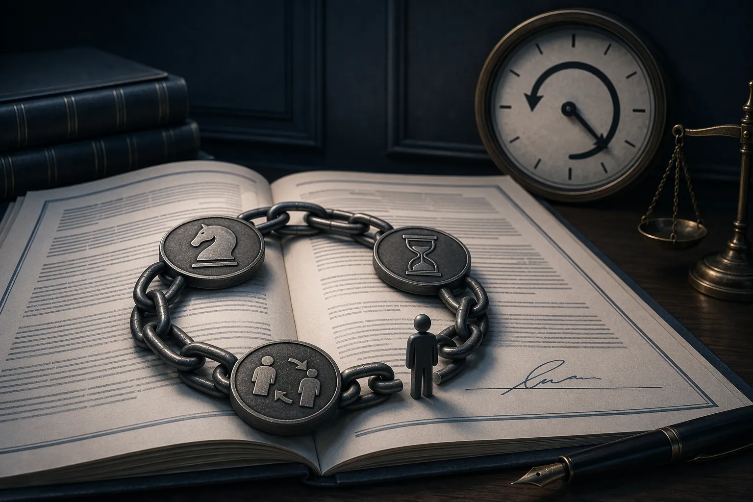 Contract provisions linked in a circular chain around a signature line, with a looping clock in the background