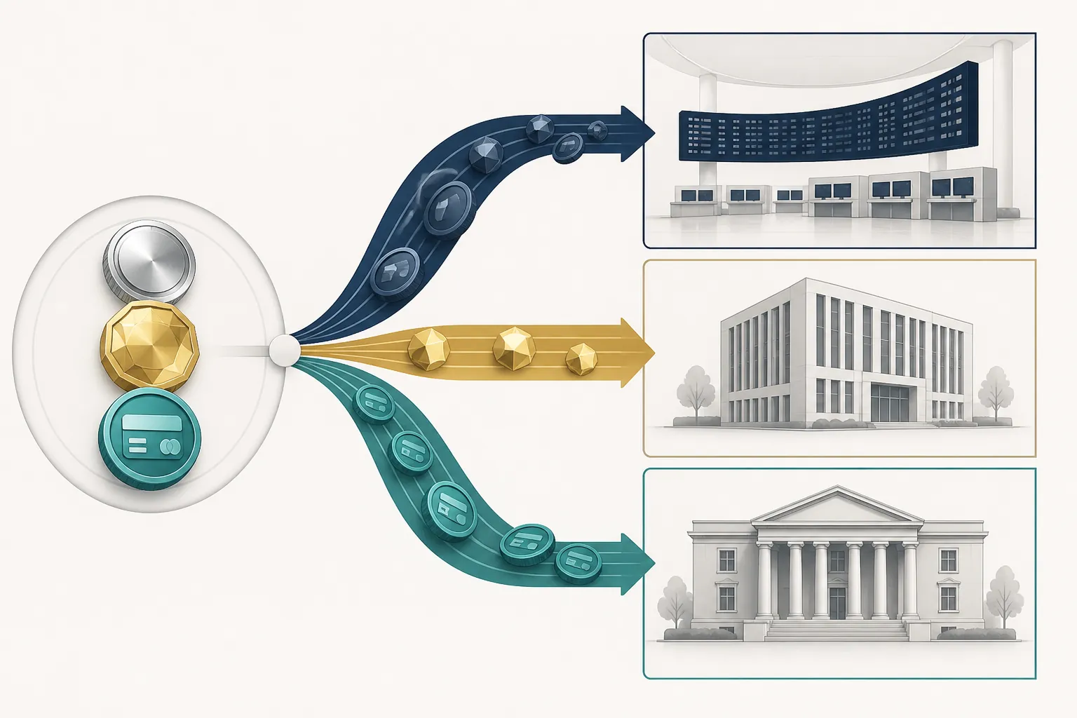 Three streams of digital tokens flowing into separate exchange, securities, and banking regulatory zones