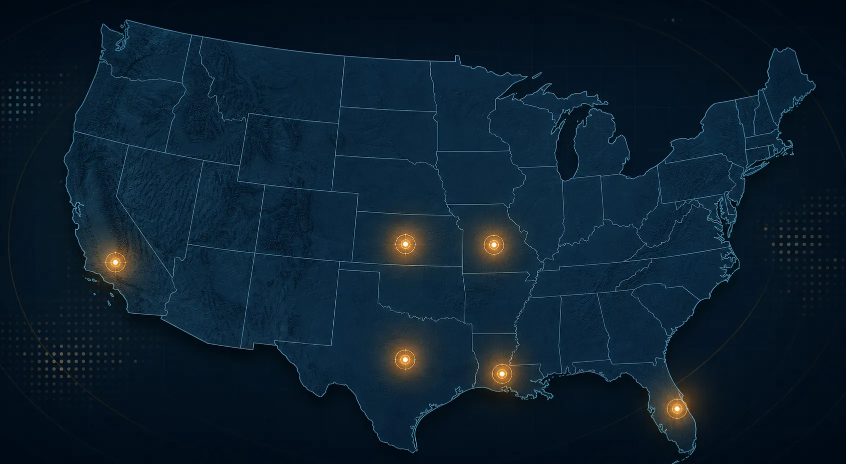 Map of the United States with markers across Missouri, Kansas, Florida, Texas, California, and Louisiana