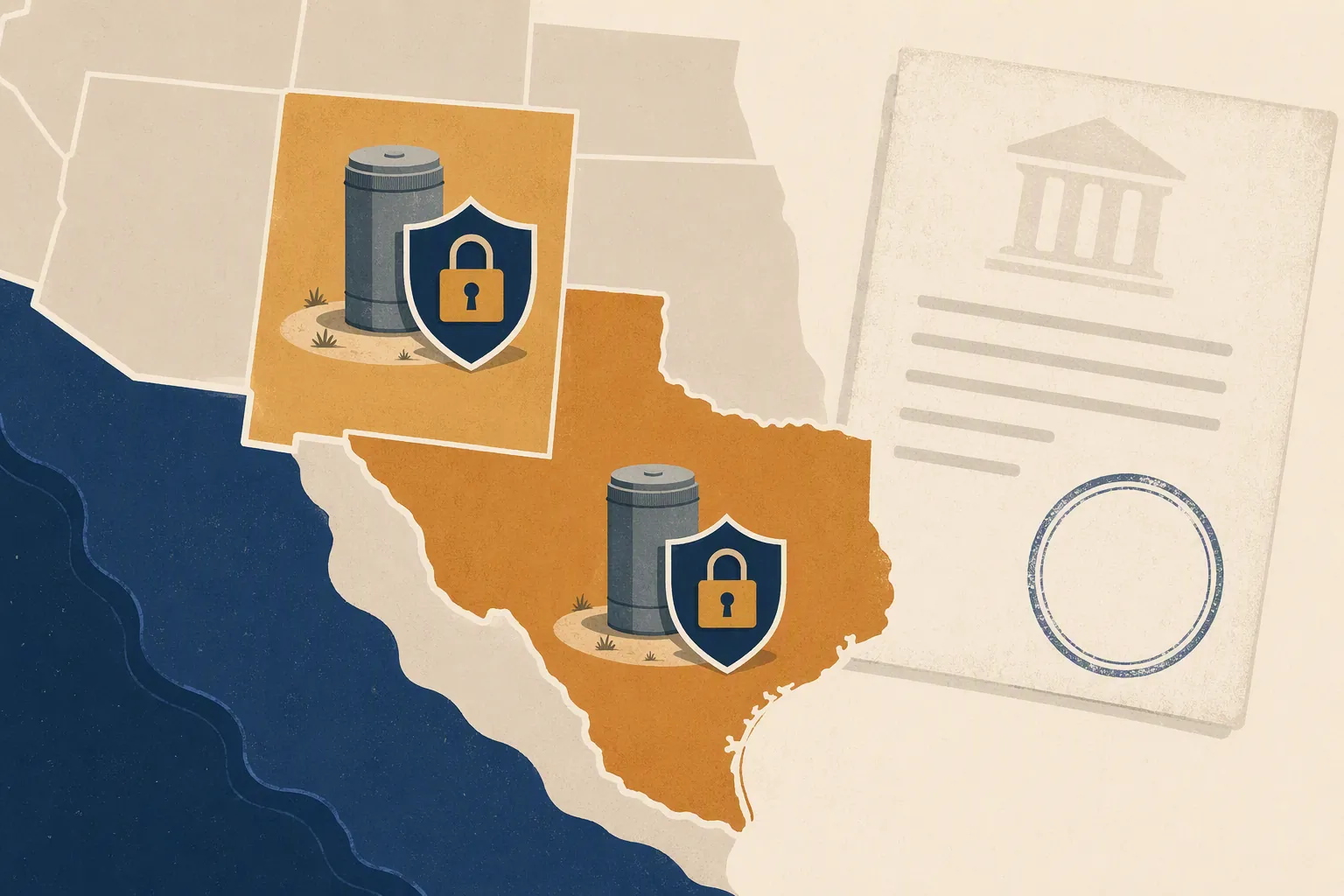 Southwestern United States map with storage cask icons in New Mexico and Texas blocked by lock-and-shield symbols beside a faded federal license document