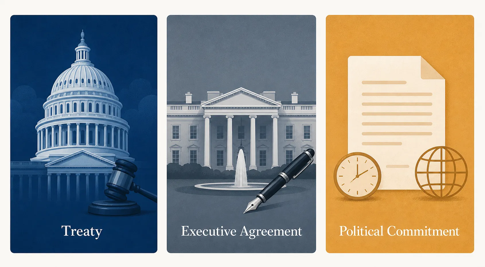 Three-panel framework showing treaty, executive agreement, and political commitment