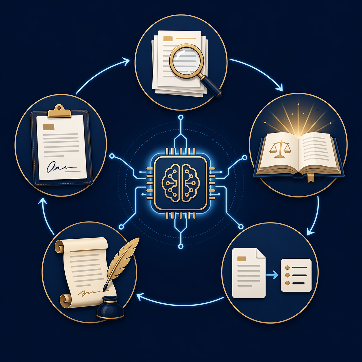 Five AI legal workflow icons for document review, legal research, summarization, brief drafting, and contract drafting