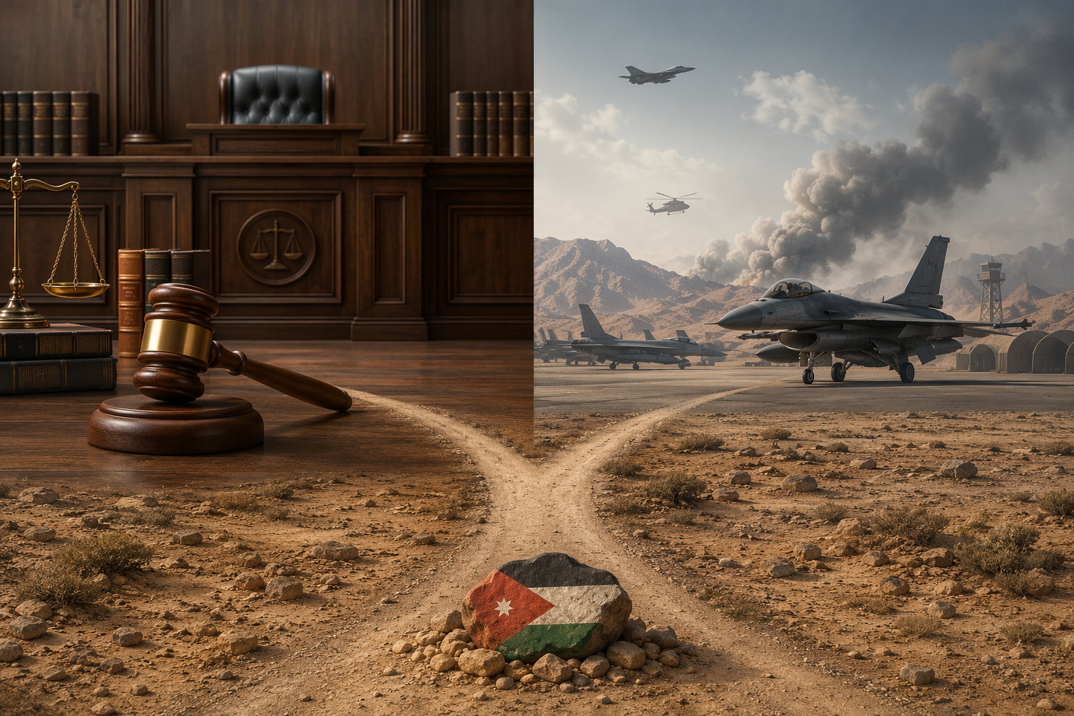Split illustration contrasting a courtroom for peacetime criminal jurisdiction with a desert airbase for active combat and Title 10 casualty law