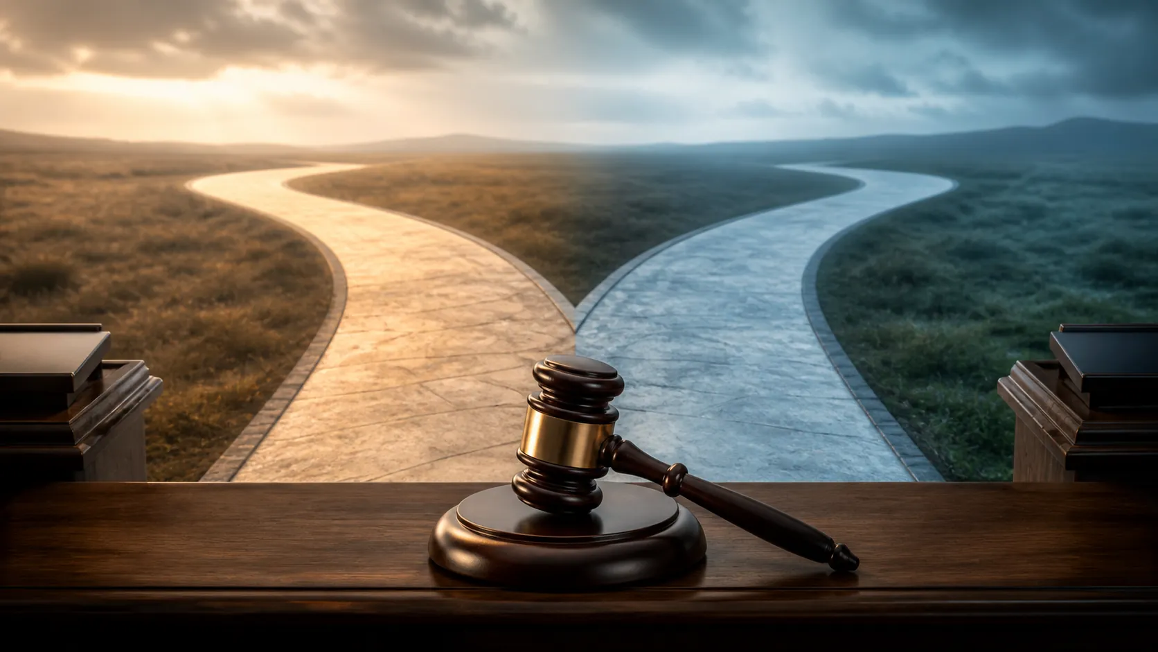 Courtroom bench and gavel with a Y-shaped path splitting into two routes