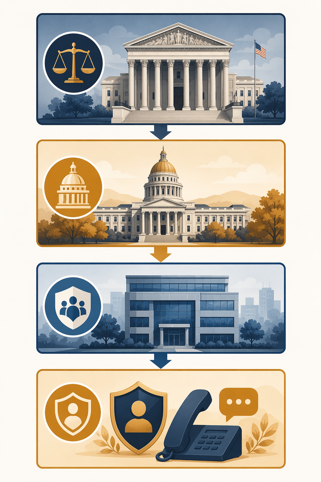 Four-level ladder showing federal, state, administrative, and prevention pathways for fraud recourse