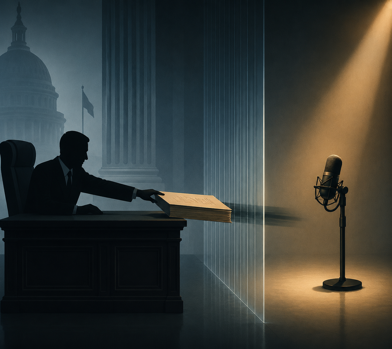 Silhouetted official pushing a regulatory document toward a broadcast microphone behind a faint barrier
