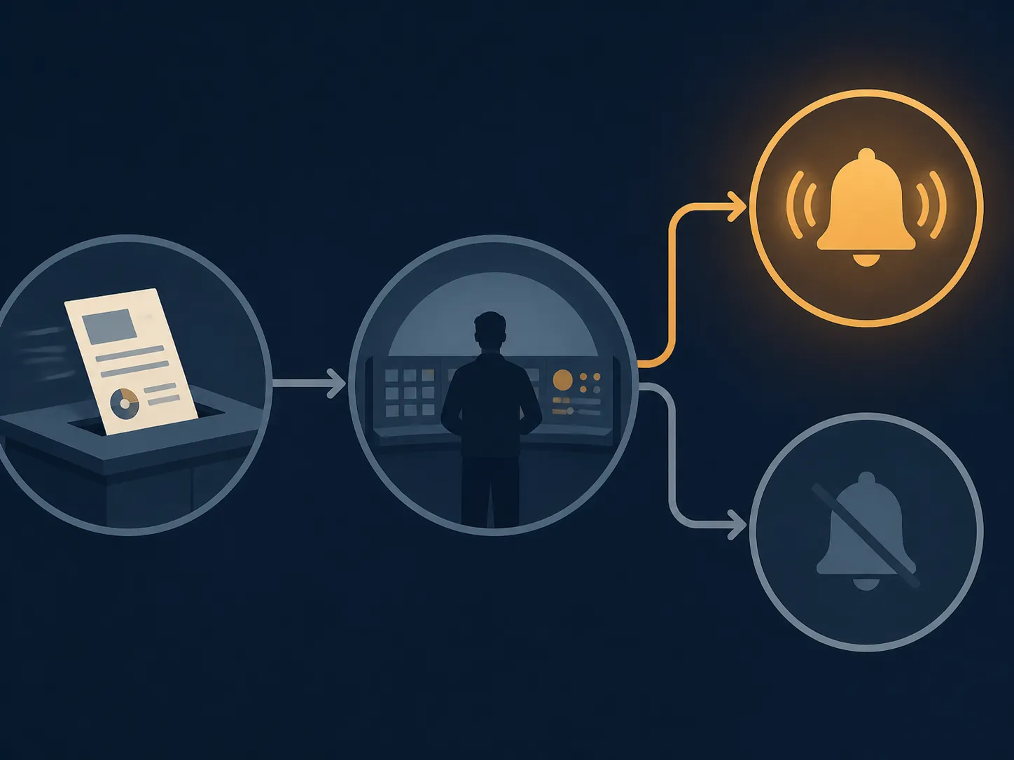Decision path showing a report entering review and diverging toward alert or no-alert outcomes