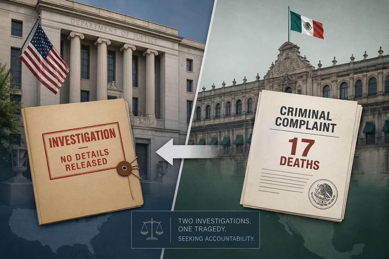 Illustration of a sealed U.S. investigation folder and a Mexican government document for 17 deaths connected to the Department of Justice