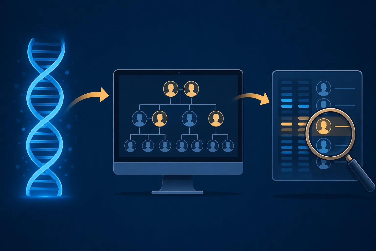 Illustration of DNA, genealogy database matching, and investigative review pathway