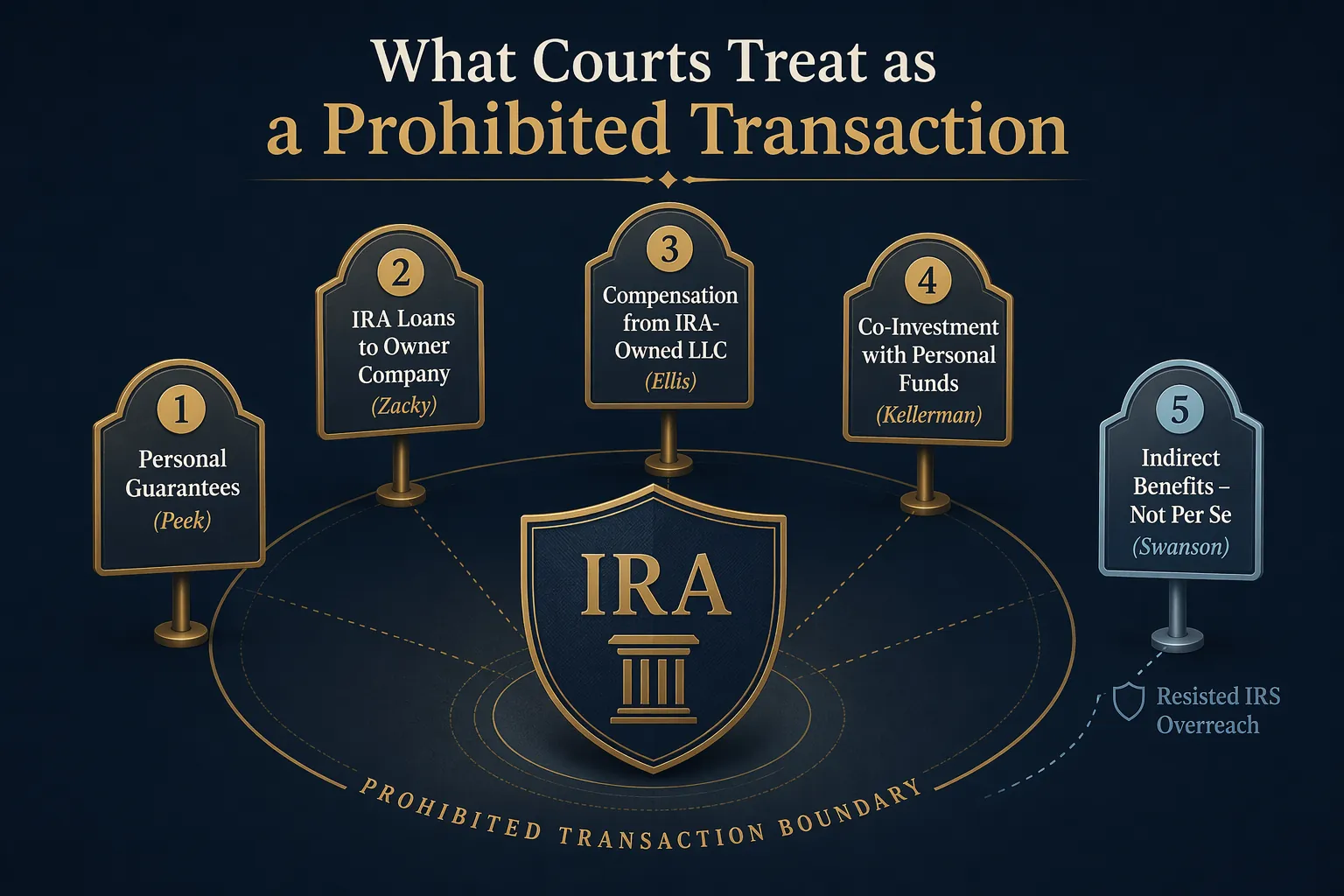 Case-law boundary map for IRA prohibited transactions including Peek, Zacky, Ellis, Kellerman, and Swanson