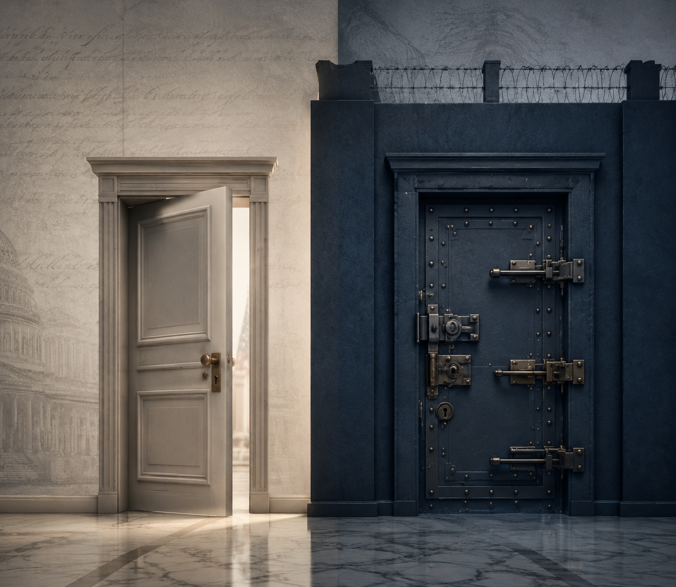 Split editorial illustration contrasting impeachment as a simpler door and Section 4 of the 25th Amendment as a fortified door with multiple locks