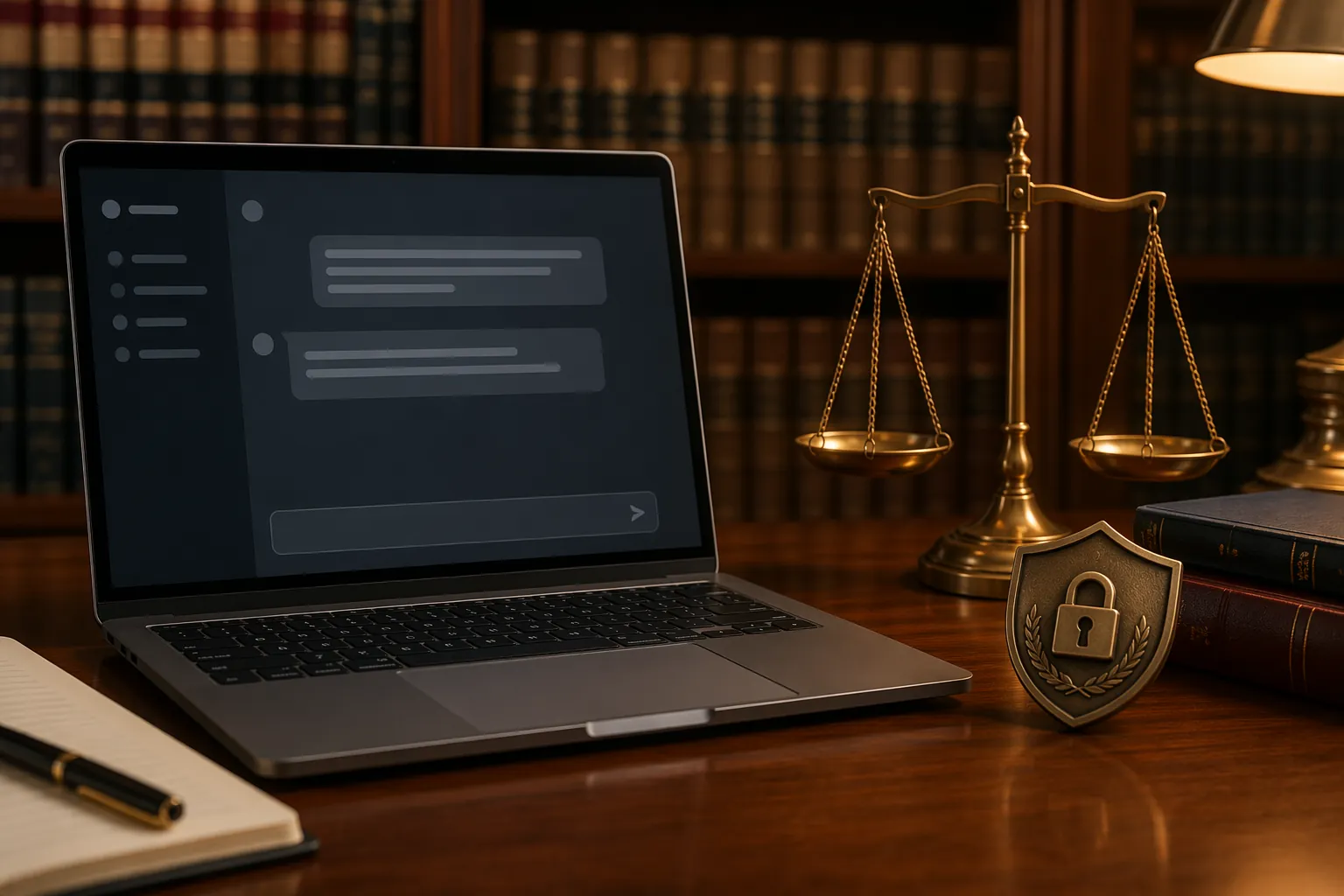 Lawyer's desk with a laptop chat interface, scale of justice, and security shield