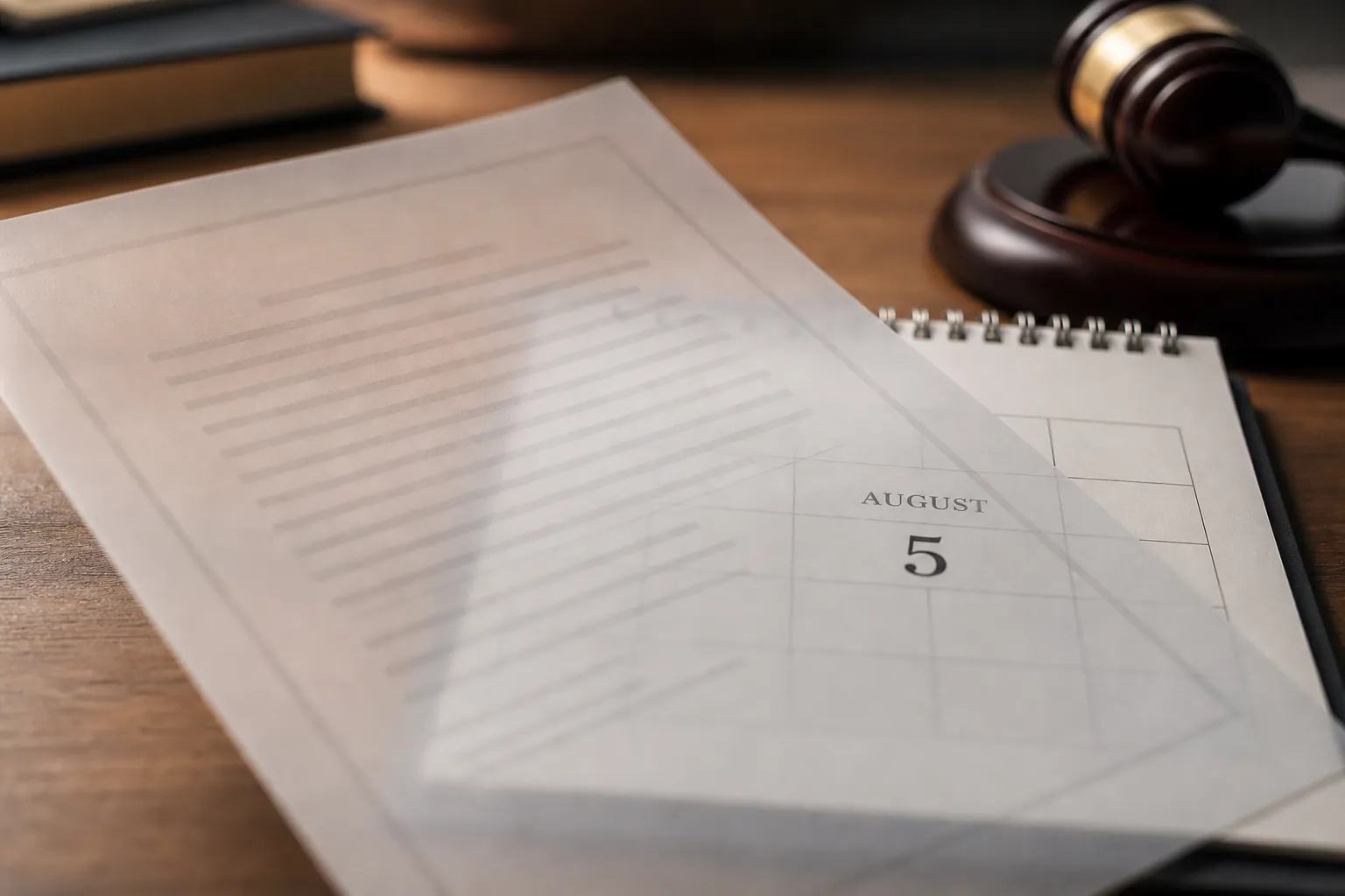 Legal document over a desk calendar marked August 5 with a blurred gavel in the background