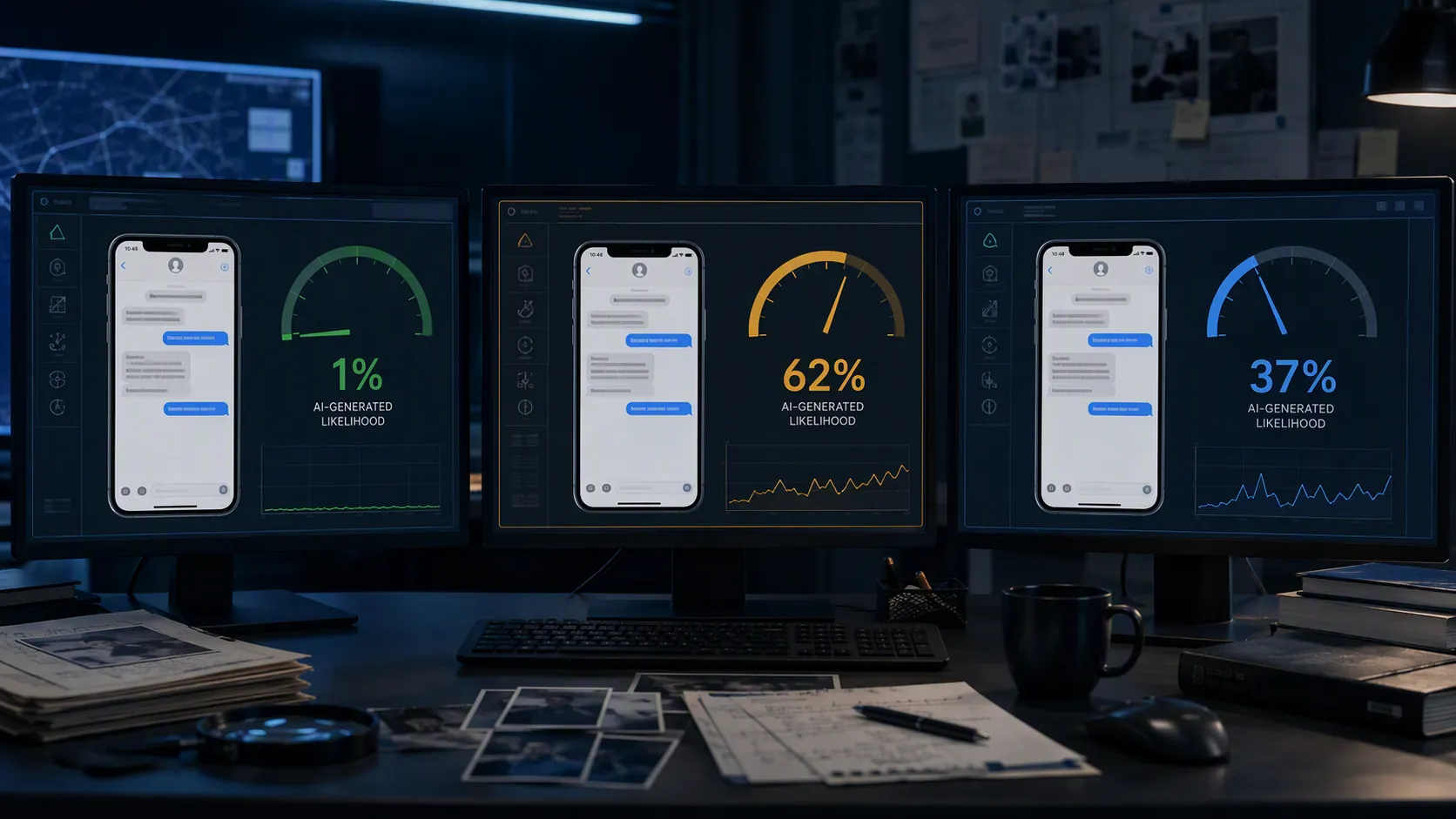 Forensic analysis screens showing different detection probability results for the same smartphone text message evidence