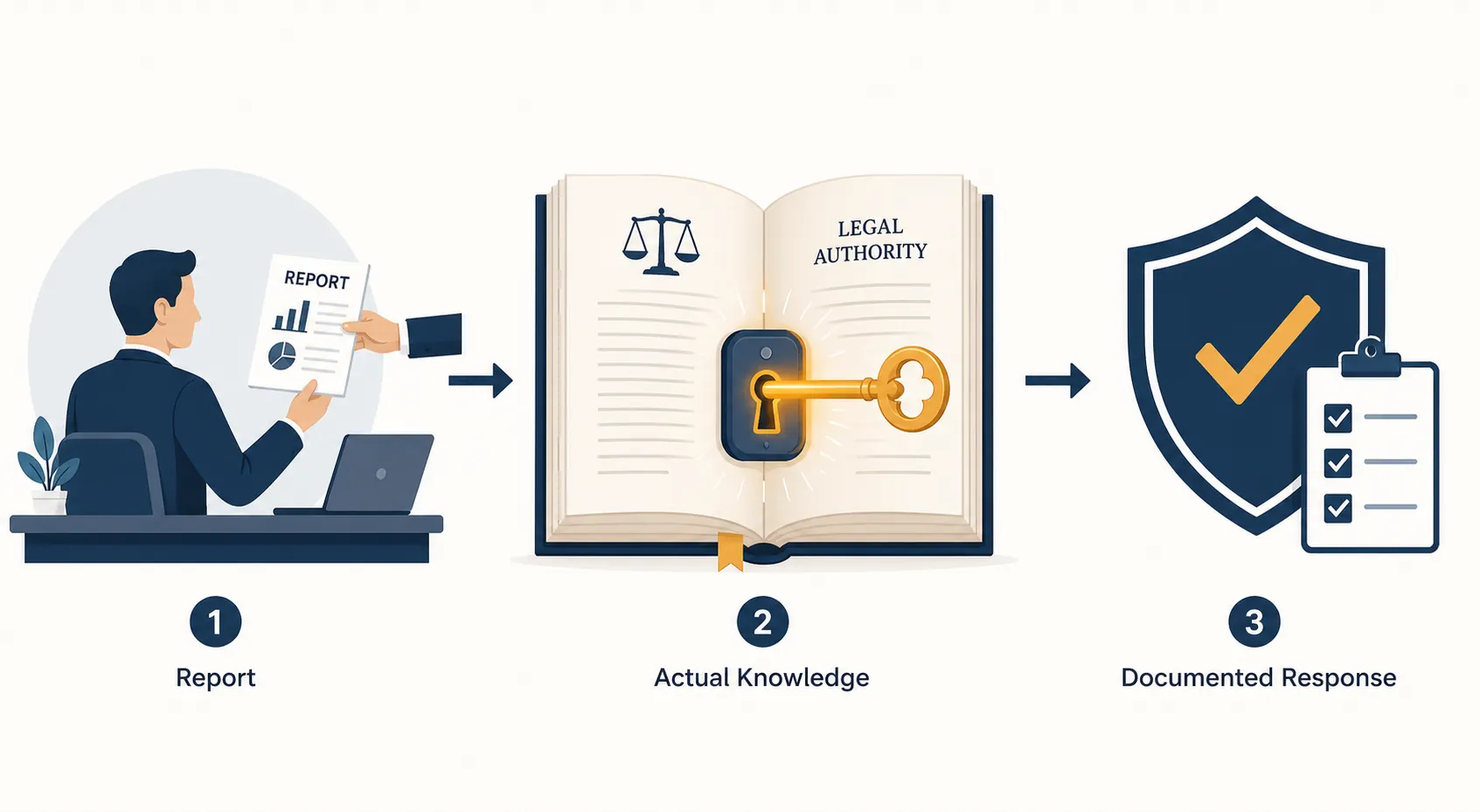 Three-step decision flow from report to actual knowledge to documented response
