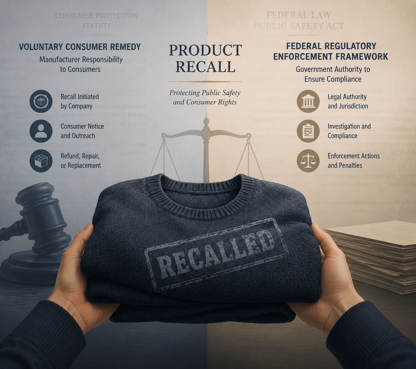 Folded dark sweater with recalled stamp and legal document elements