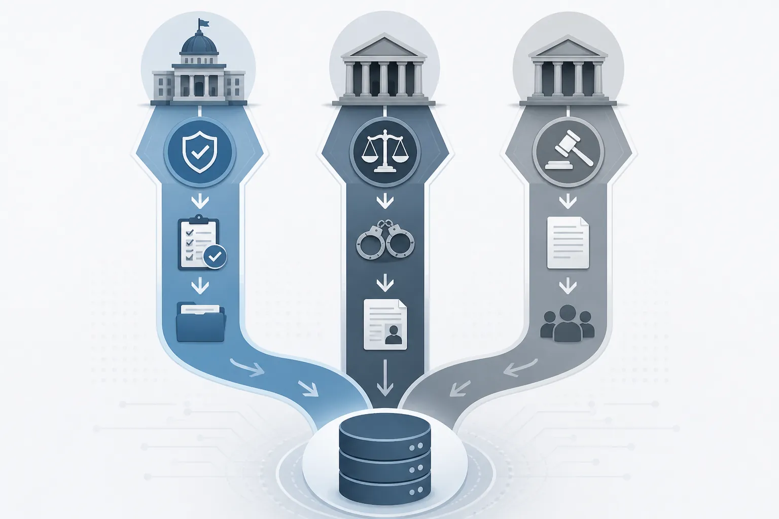 Three parallel legal streams labeled regulatory, criminal, and civil converging into the National Practitioner Data Bank