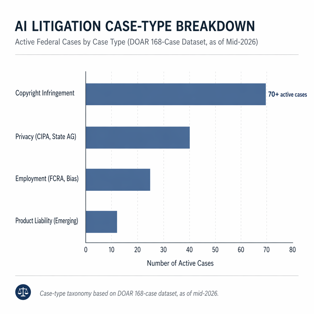 Horizontal bar chart showing AI litigation case-type breakdown: Copyright Infringement (70+ active cases), Privacy (CIPA, State AG), Employment (FCRA, Bias), and Product Liability (Emerging).