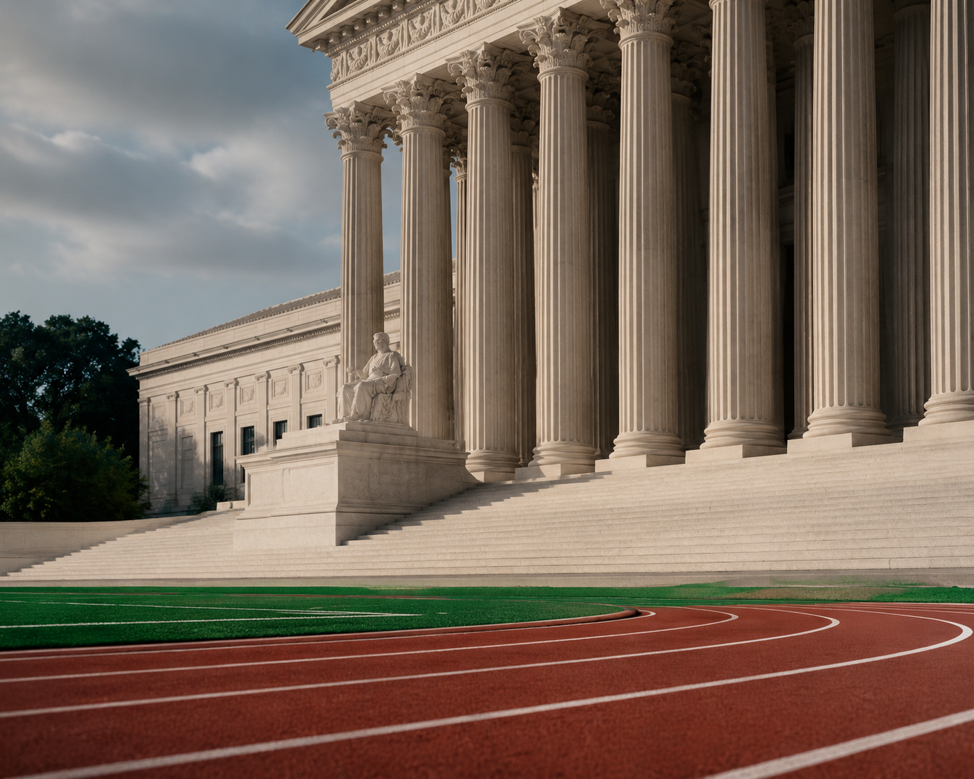 Supreme Court columns with an athletics track in the foreground