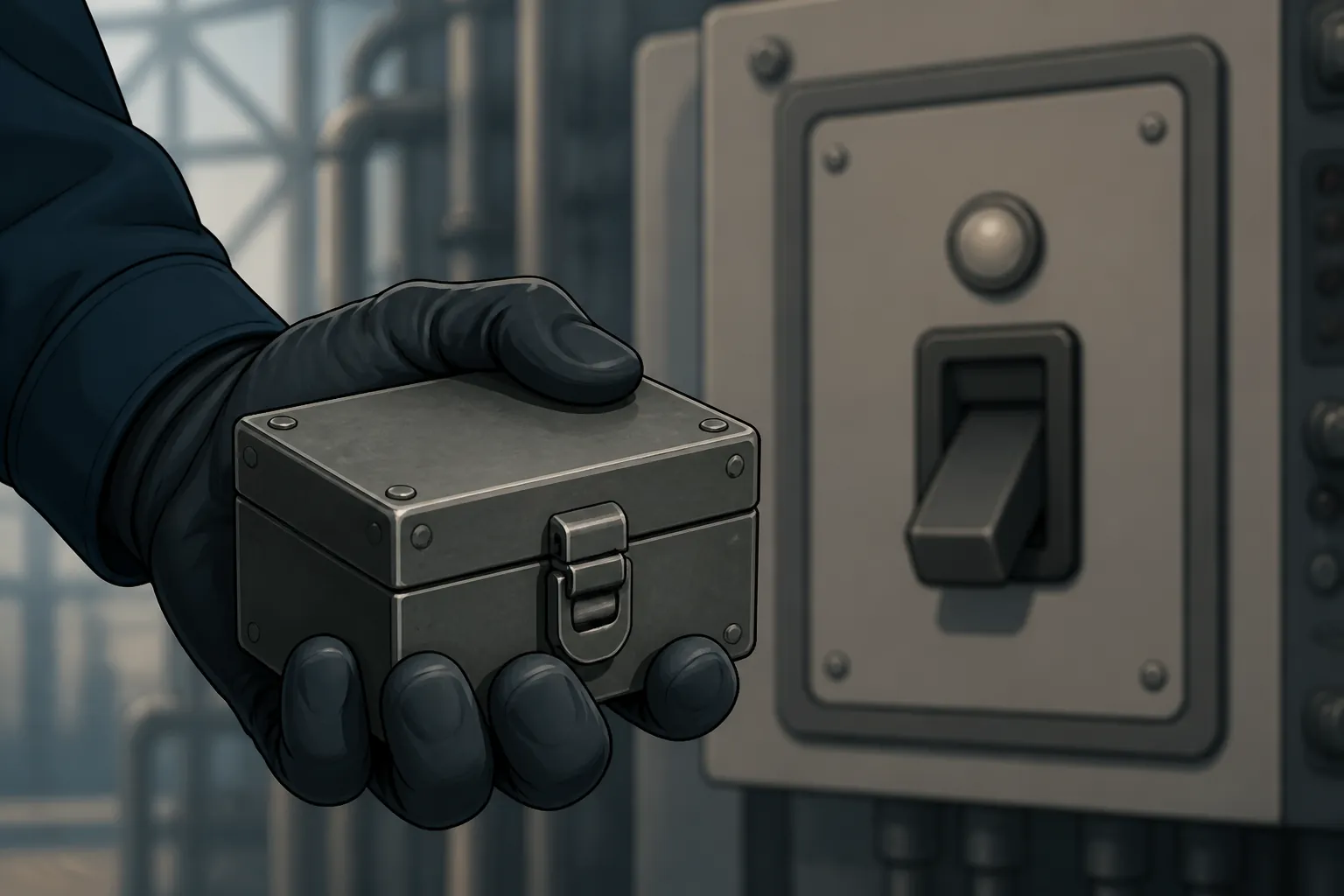 Gloved hand gripping a sealed metal box while a control panel switch behind it is turned off