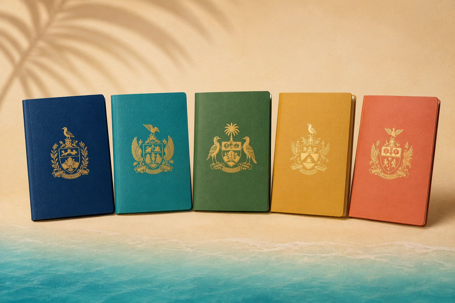 Five stylized Caribbean passport-like document covers arranged on a warm sand-toned background