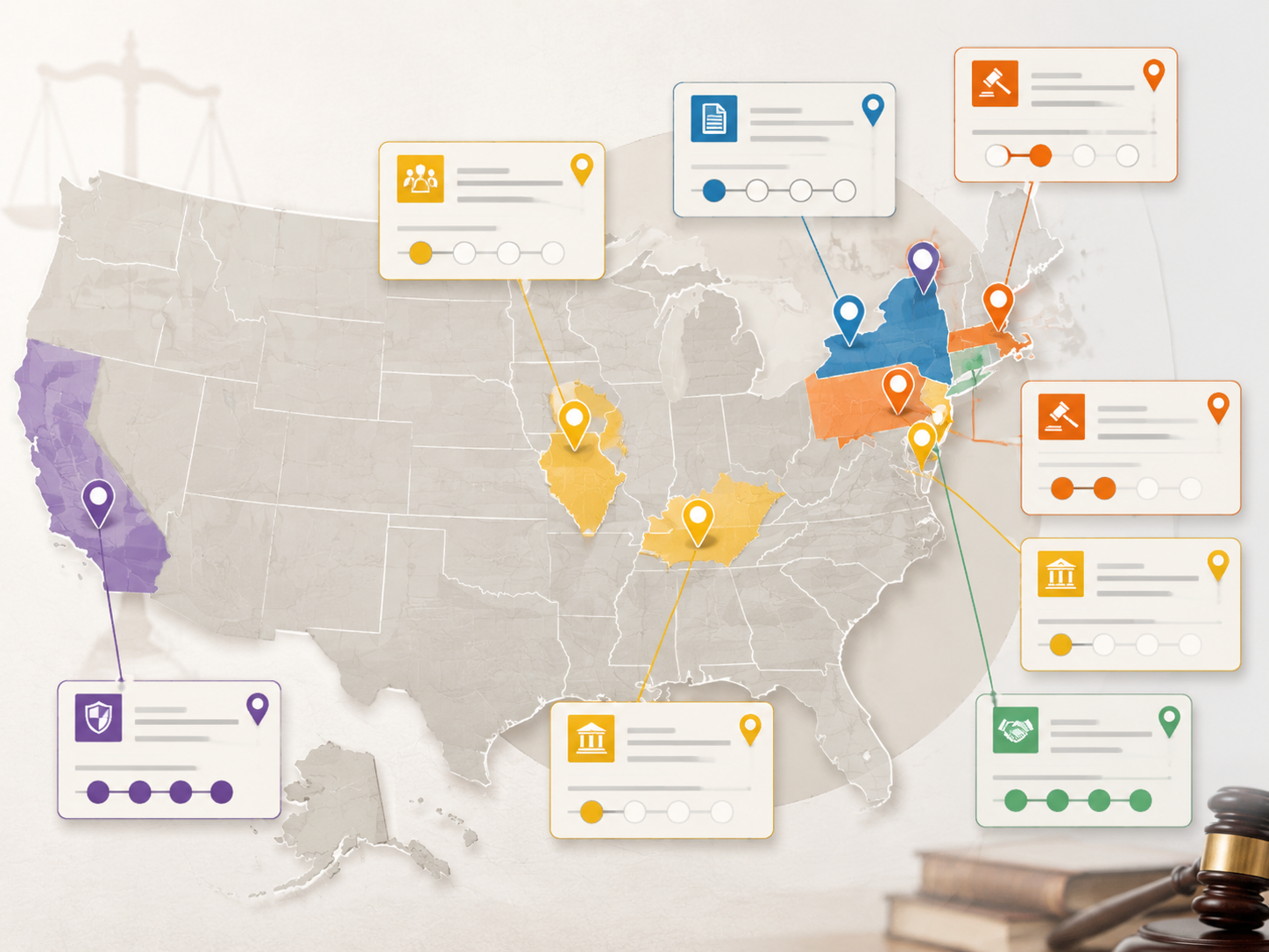 Litigation map of the eastern United States with state markers for DraftKings case stages and types