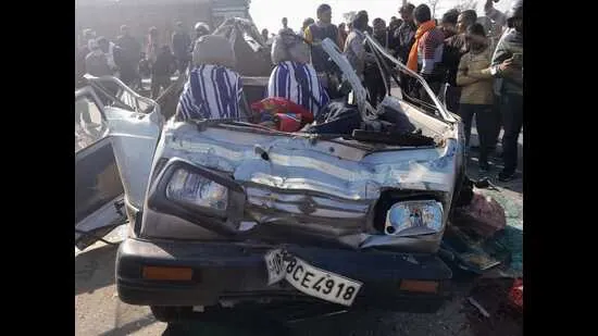 Damaged white school van involved in the 8 February 2024 Araul crash near Kanpur
