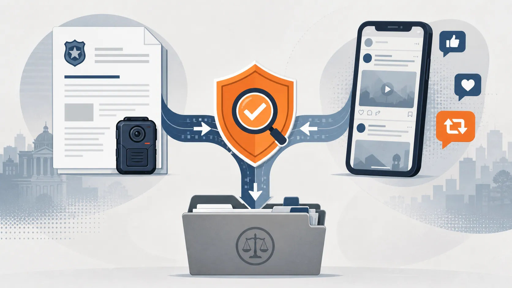 Police report and social media feed passing through a verification gate into an evidentiary case file