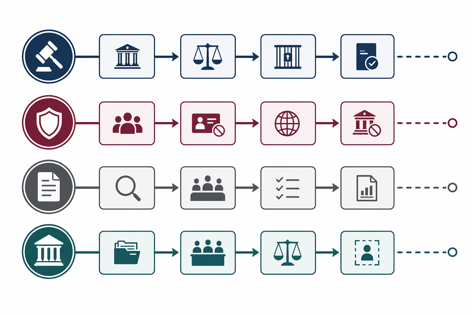 Diagram of four parallel legal accountability pathways with dashed enforcement segments