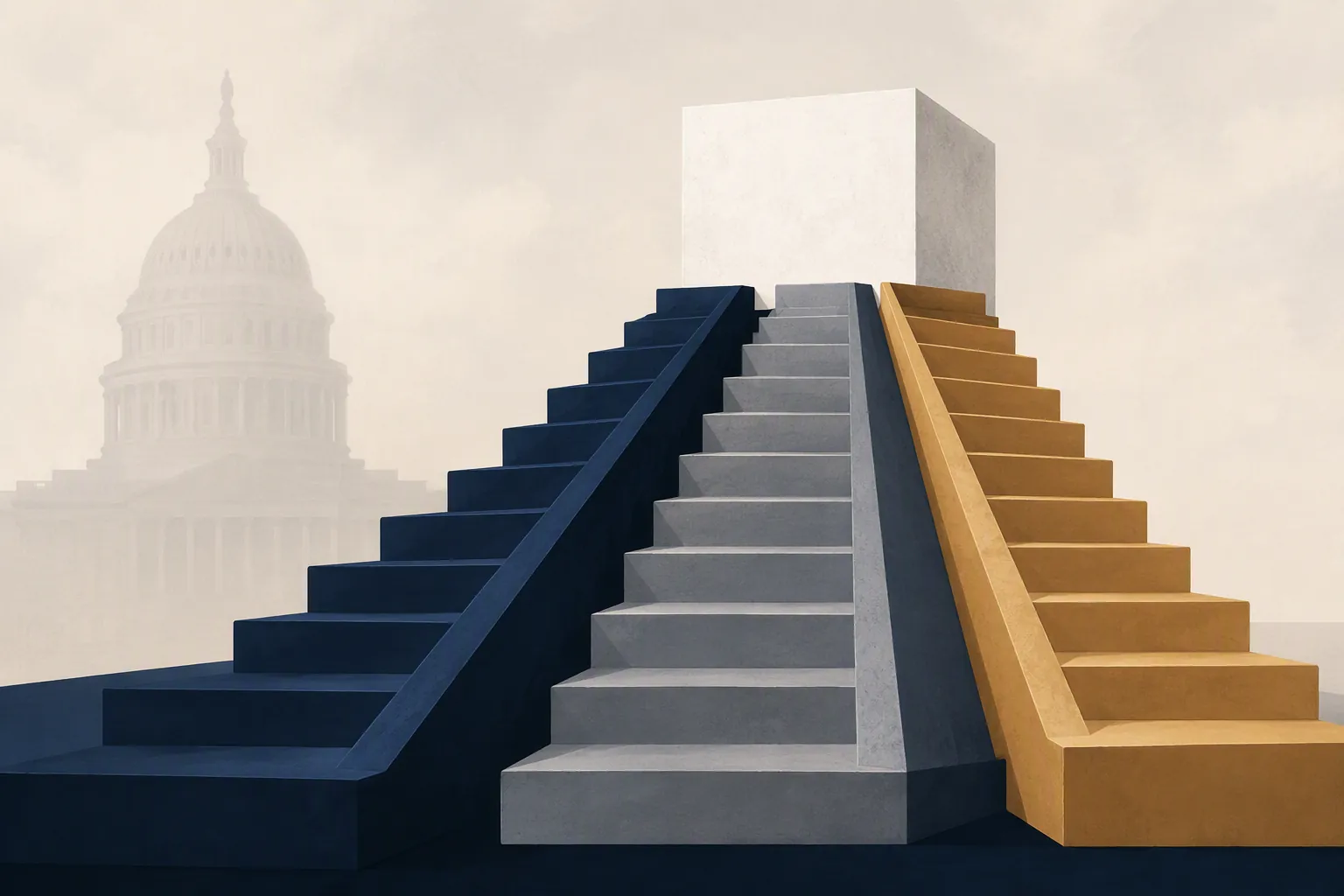 Three ascending ramps leading from a shared base toward a stable statutory status, with a faint Capitol dome in the background