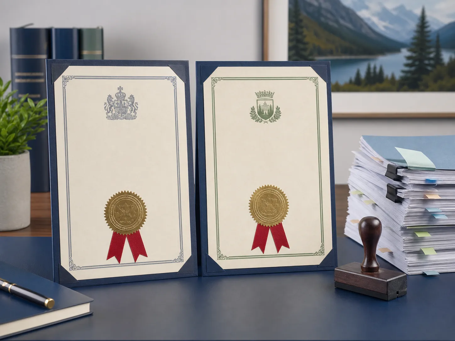 Two official approval certificates with embossed seals beside reviewed application documents and a date stamp