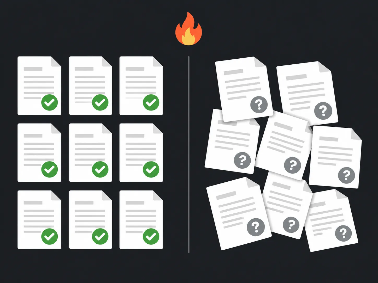 Confirmed versus reported document columns divided by a flame icon