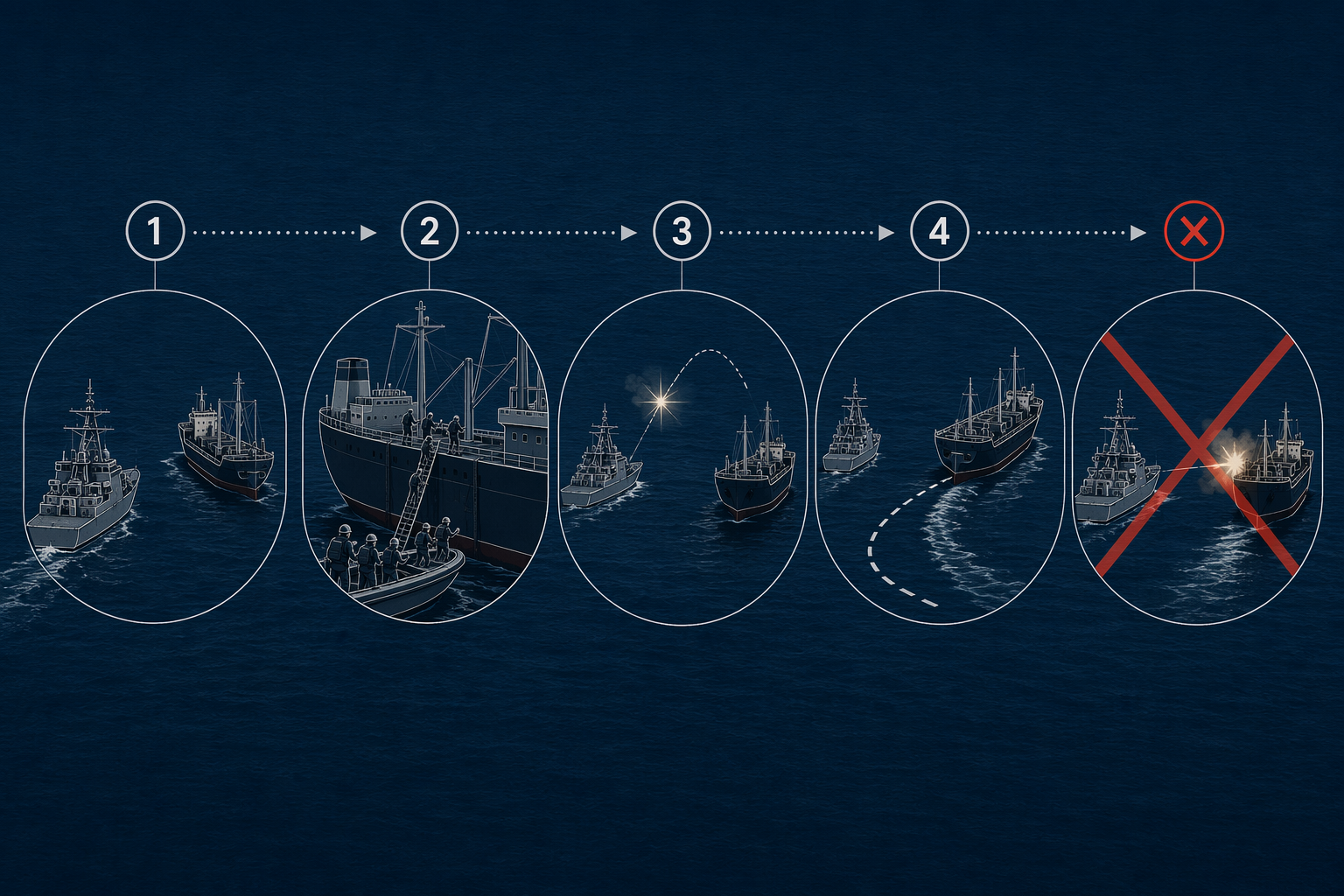 Procedural sequence showing interception, visit and search, warning, diversion or capture, and direct attack only after prior steps are exhausted
