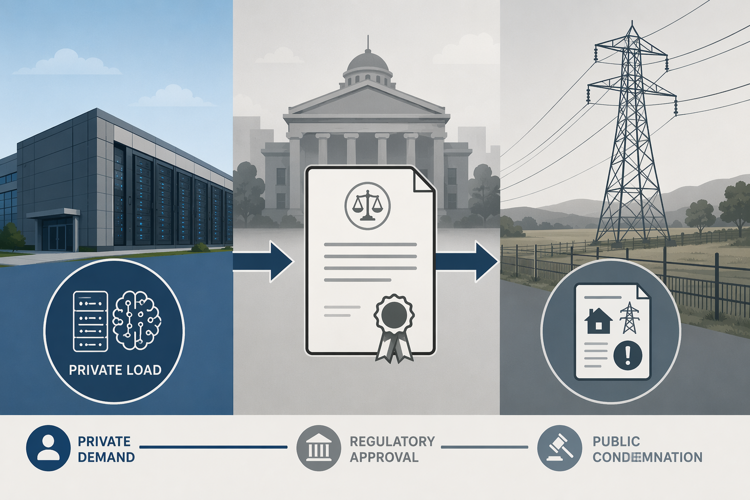 Infographic showing the CPCN pathway from an AI data center load request through a regulatory commission to transmission easements and condemnation notices