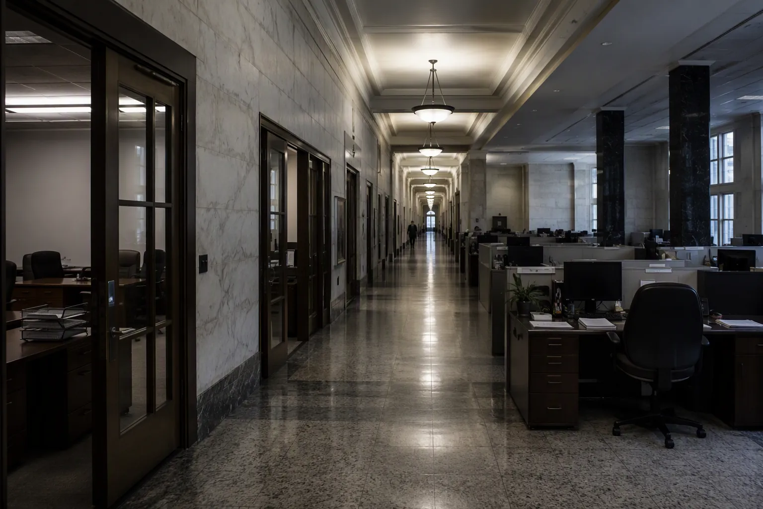 Empty desks behind glass doors in a federal office hallway