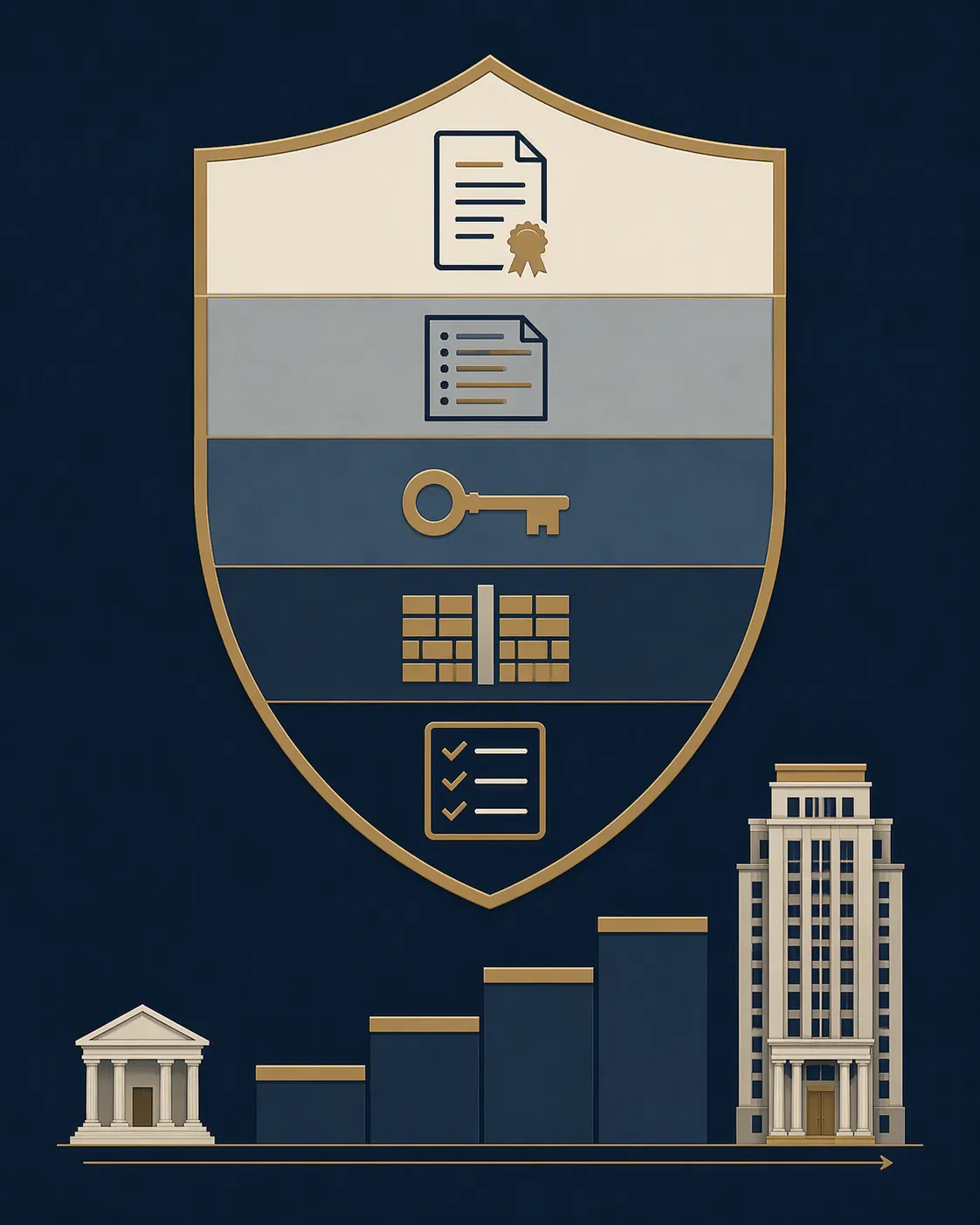 Layered vendor verification shield with contract, log, key, separation wall, and checklist icons between law-firm buildings