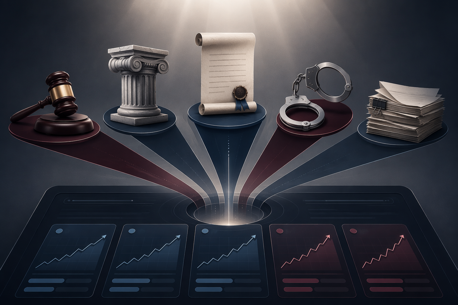Five legal symbols converging over an abstract prediction market interface