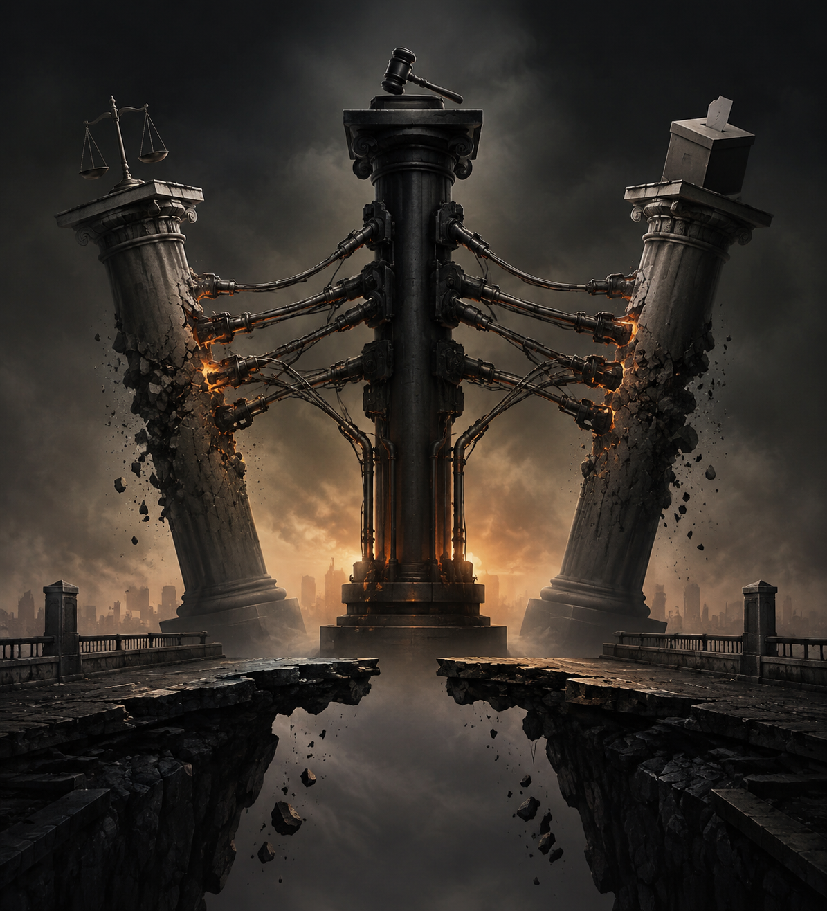 Legislative, judicial, and electoral pillars being pulled into one central column with a broken bridge in front