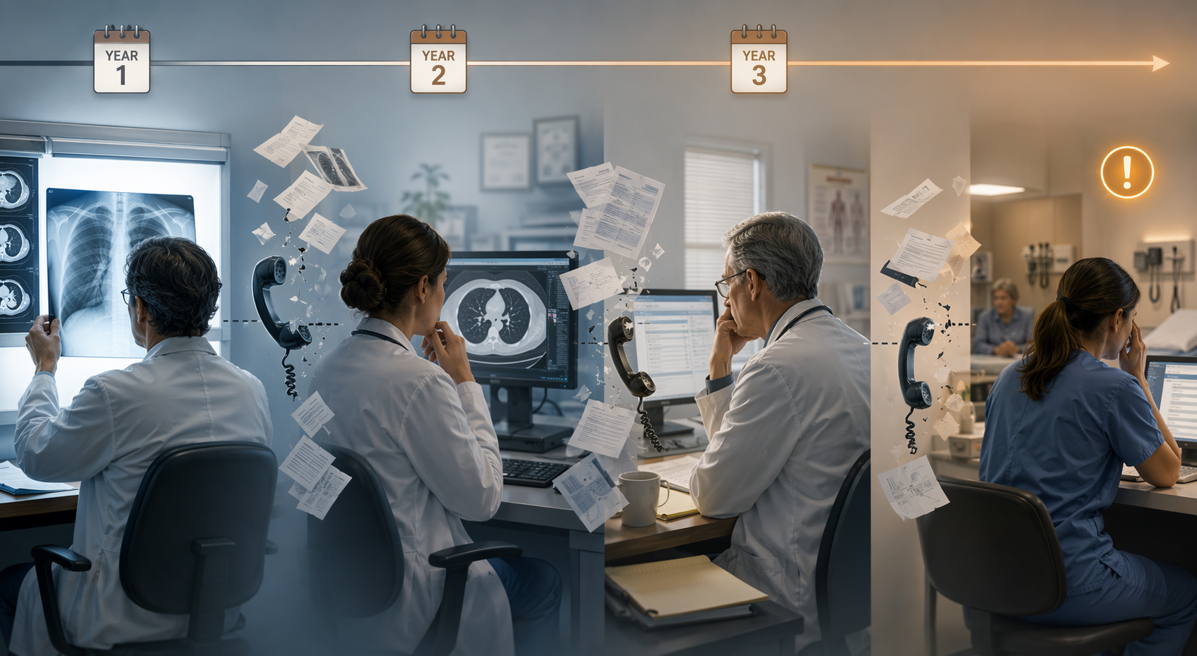 Four medical professionals with disconnected paper forms and a three-year timeline suggesting failed communication.