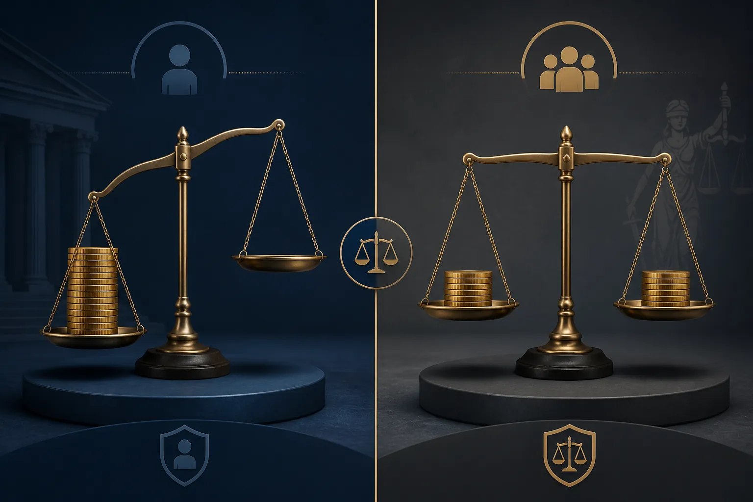 Two legal scales contrasting a default judgment with a defended trial verdict