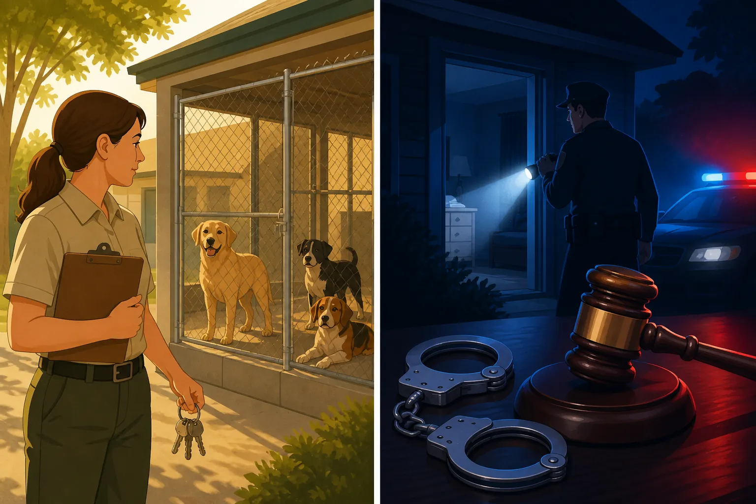 Two-panel illustration separating county kennel inspection from criminal search imagery