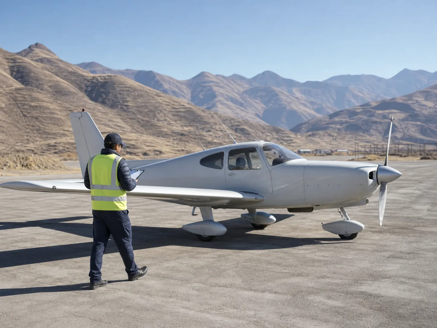 Aviation inspector with clipboard examining a small single-engine aircraft on a desert airstrip