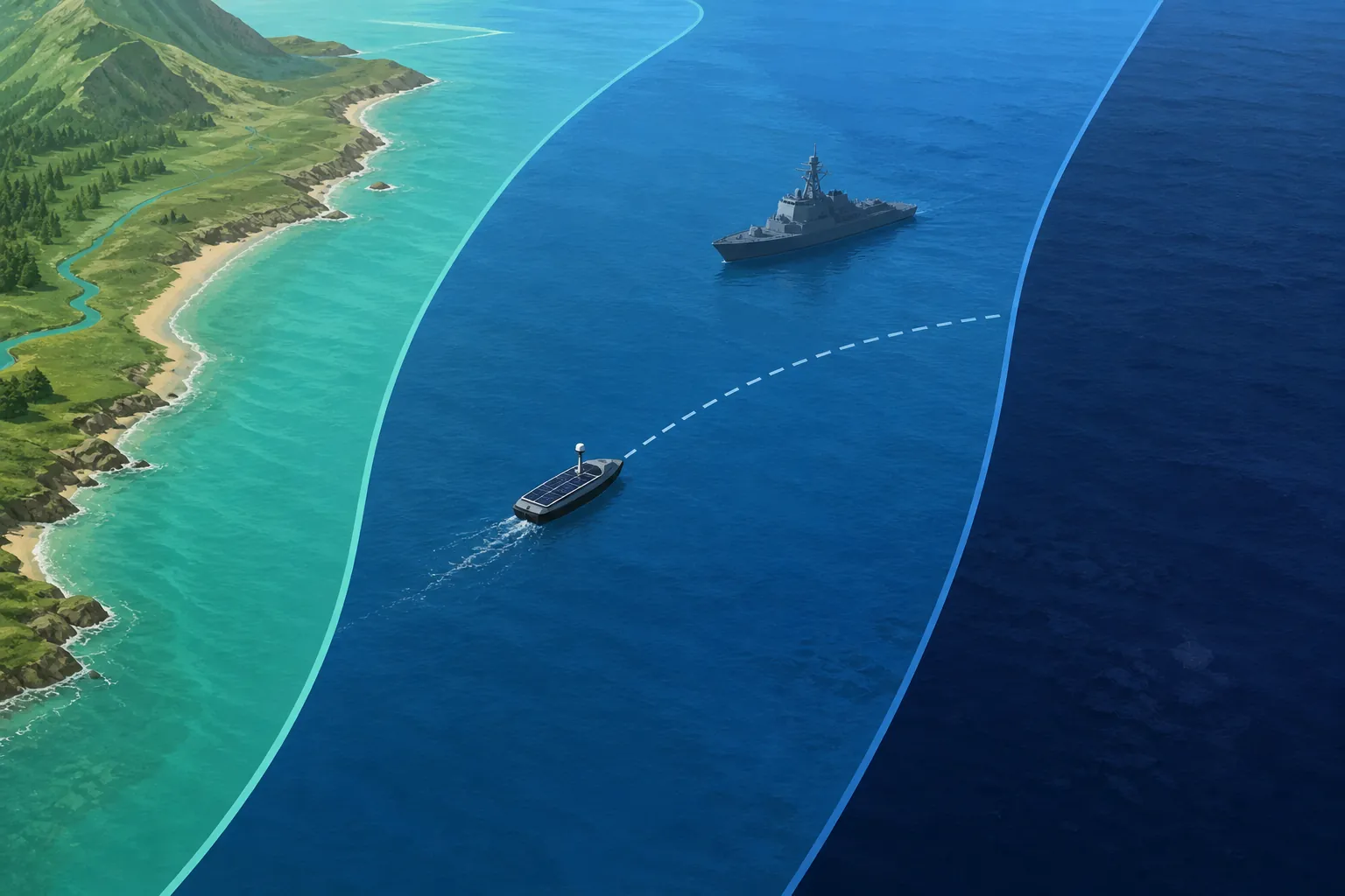 Illustration of an unmanned surface vessel and a warship operating in a coastal exclusive economic zone
