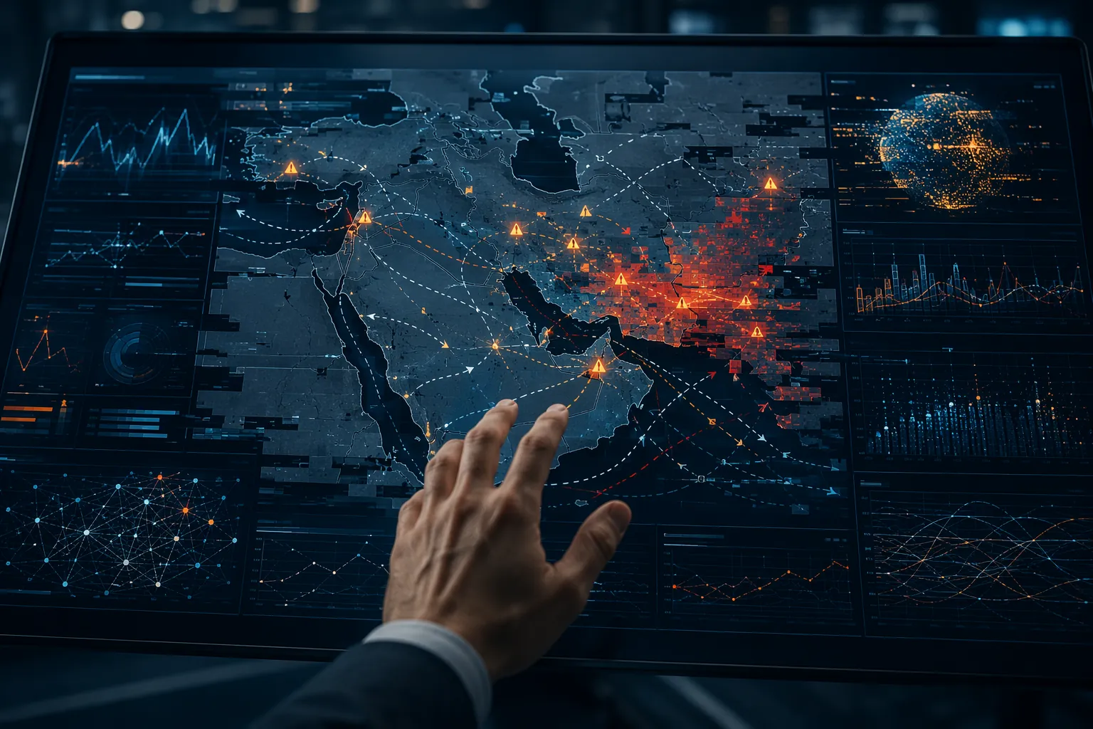 AI analytics dashboard over a Middle East shipping map with fractured data visualizations and a human decision point