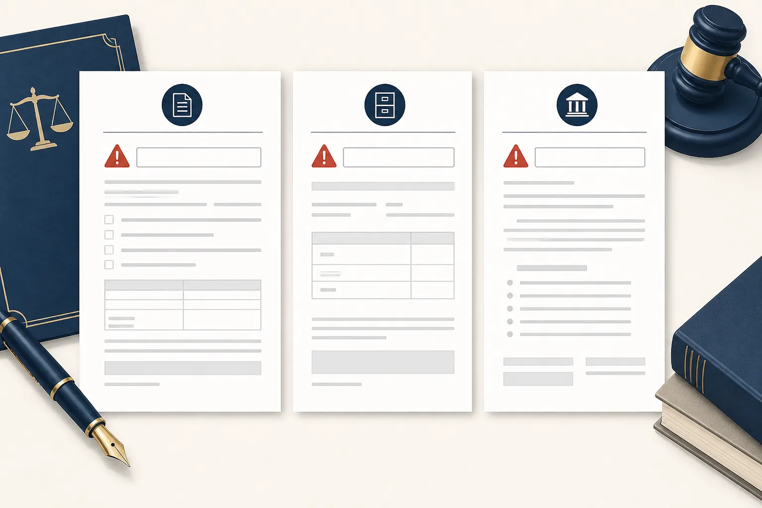 Illustration of an application form, financing statement, and court complaint with warning icons in the name fields