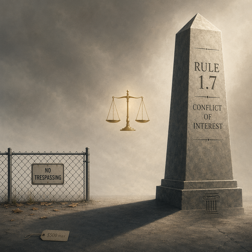 A comparison illustration showing a low-stakes trespass sign beside a large Rule 1.7 pillar.
