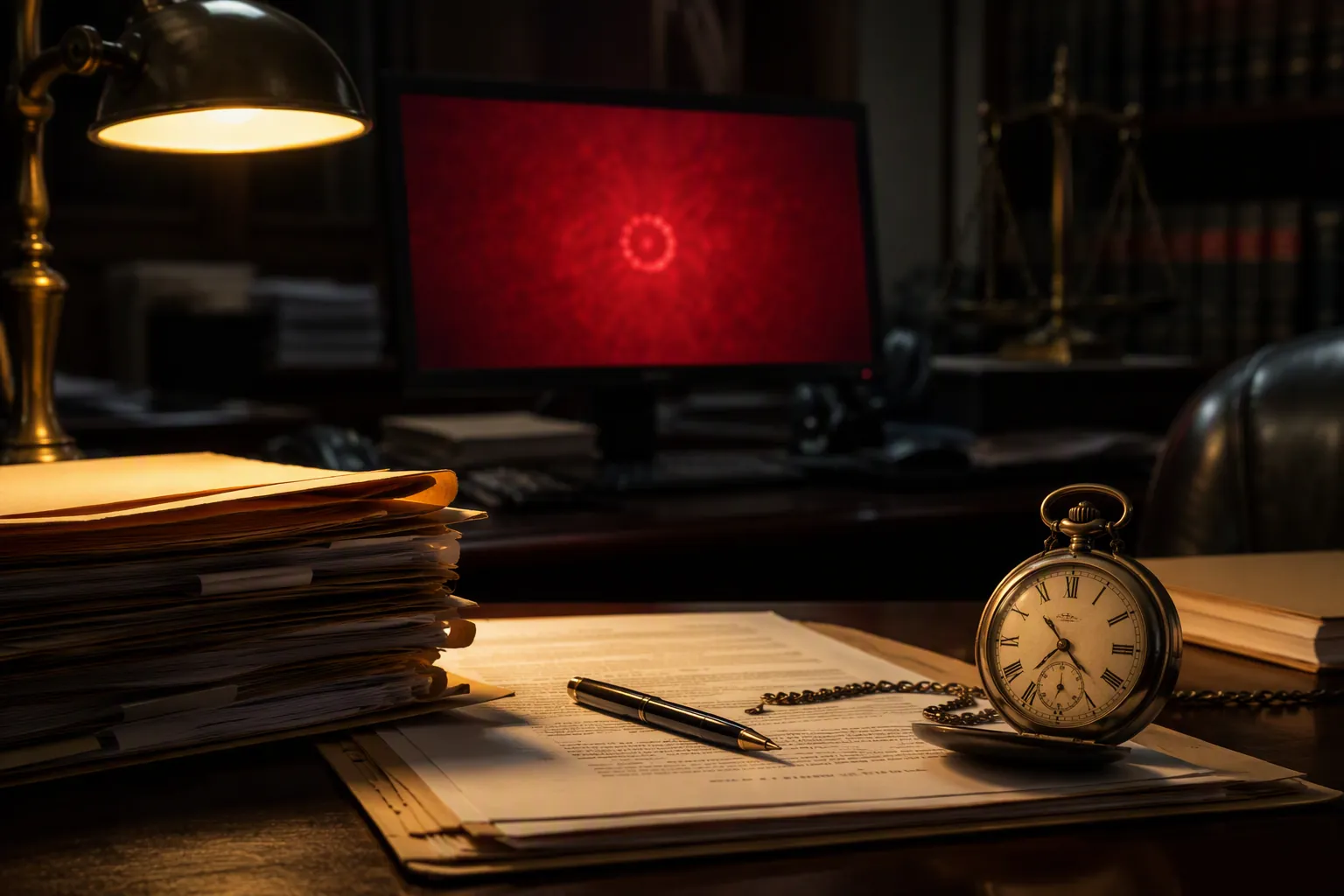 Law office desk with legal documents, a pocket watch, and a computer monitor showing a red service error