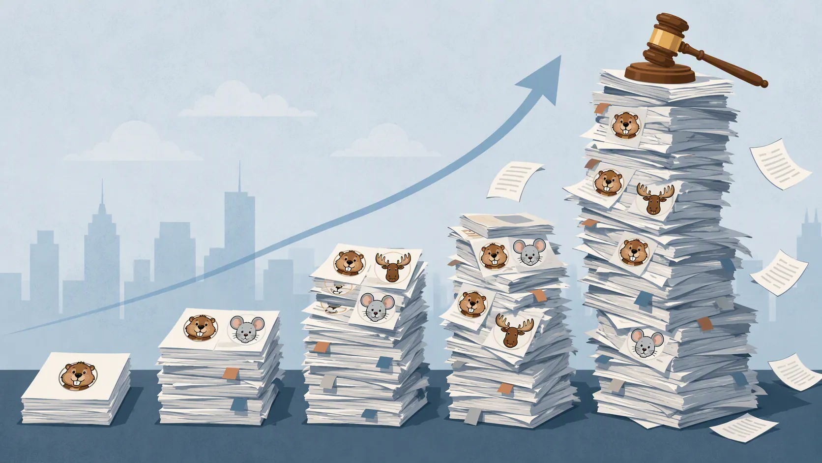 Escalating stack of trademark enforcement documents with animal mascot faces