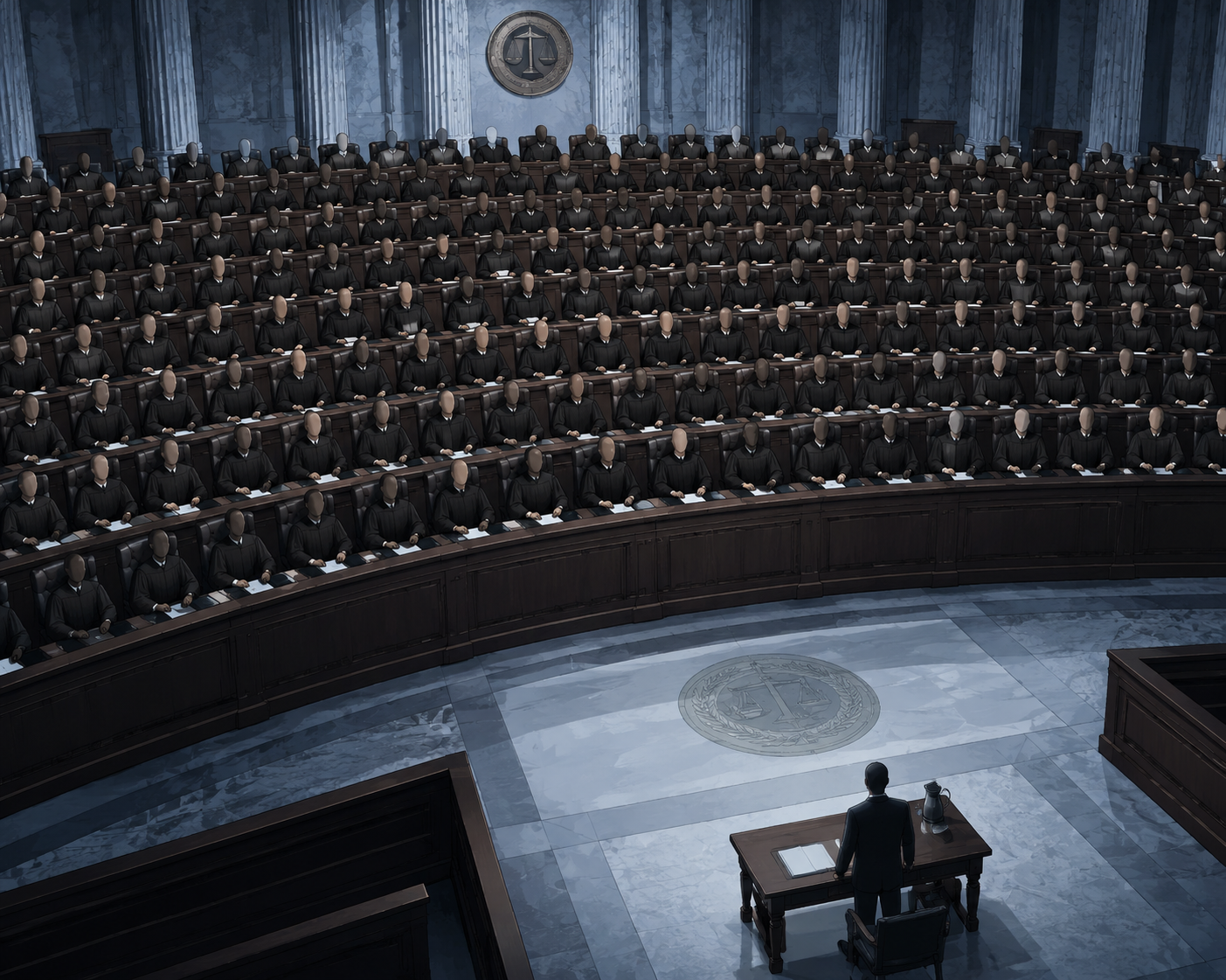 Federal courtroom with many judges facing a single government attorney