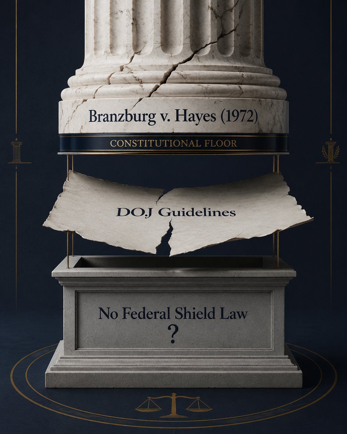 Three-tier legal architecture diagram showing Branzburg v. Hayes, DOJ guidelines, and the absence of a federal shield law.